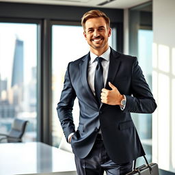 A professional businessman dressed in a tailored suit, looking confident and approachable