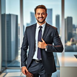 A professional businessman dressed in a tailored suit, looking confident and approachable
