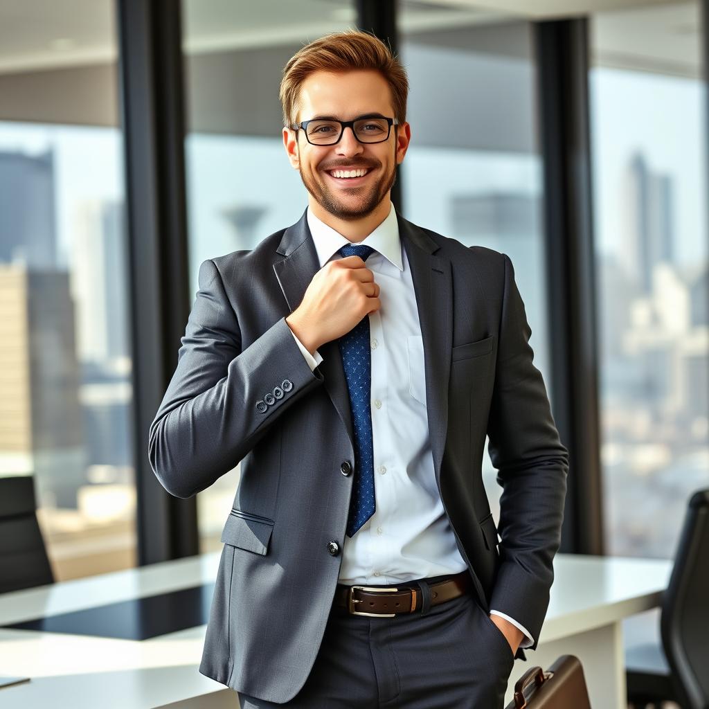 A professional businessman dressed in a tailored suit, looking confident and approachable