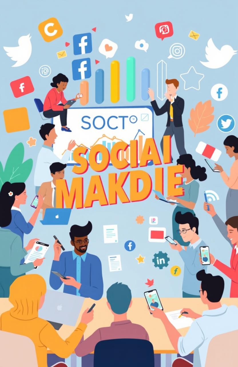 A creative and vibrant illustration depicting the concept of social media marketing