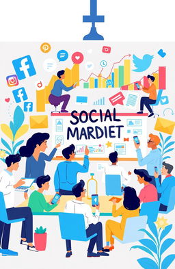 A creative and vibrant illustration depicting the concept of social media marketing