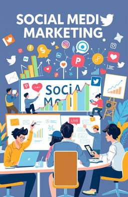 A creative and vibrant illustration depicting the concept of social media marketing