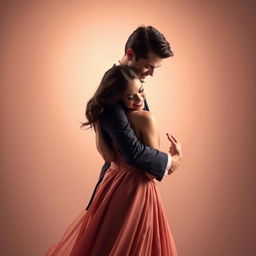 A warm and affectionate scene depicting a man and woman in formal attire embracing in a tender hug