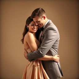 A warm and affectionate scene depicting a man and woman in formal attire embracing in a tender hug