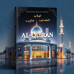 A modern book cover design for a publication on the education of the Al-Qur'an and Al-Hadist, featuring a contemporary mosque with sleek, cyber-inspired architecture