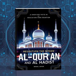 A modern book cover design for a publication on the education of the Al-Qur'an and Al-Hadist, featuring a contemporary mosque with sleek, cyber-inspired architecture