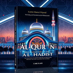 A modern book cover design for a publication on the education of the Al-Qur'an and Al-Hadist, featuring a contemporary mosque with sleek, cyber-inspired architecture