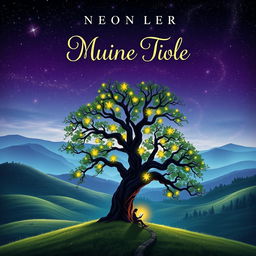 A captivating eBook cover design featuring an enchanting landscape with rolling hills and a mystical forest under a starry night sky
