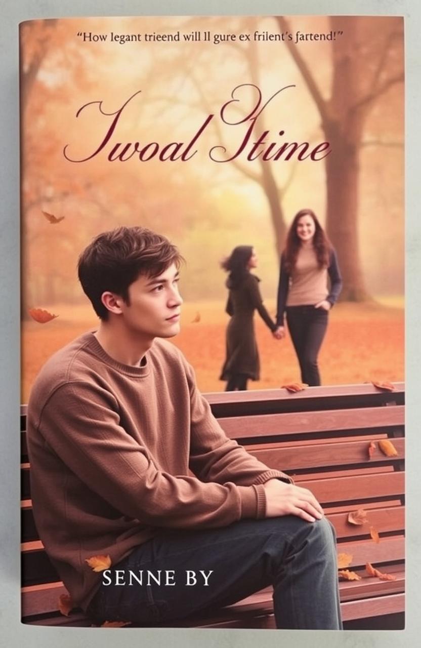 A book cover featuring a melancholic scene depicting a man in his late twenties, sitting on a park bench with a sorrowful expression, gazing into the distance