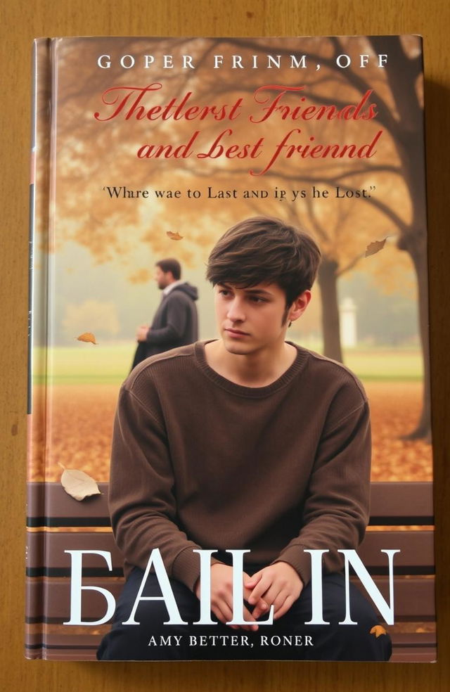 A book cover featuring a melancholic scene depicting a man in his late twenties, sitting on a park bench with a sorrowful expression, gazing into the distance