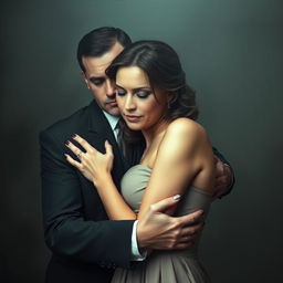 A touching scene featuring a man and woman in formal clothing embracing in a warm hug, both with serious expressions, conveying deep emotions rather than joy