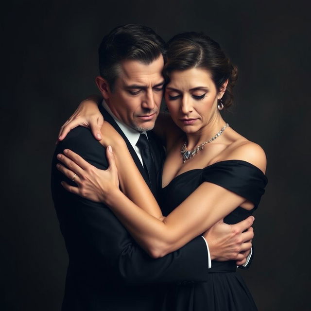 A touching scene featuring a man and woman in formal clothing embracing in a warm hug, both with serious expressions, conveying deep emotions rather than joy