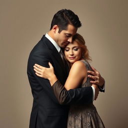 A touching scene featuring a man and woman in formal clothing embracing in a warm hug, both with serious expressions, conveying deep emotions rather than joy