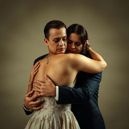 A touching scene featuring a man and woman in formal clothing embracing in a warm hug, both with serious expressions, conveying deep emotions rather than joy