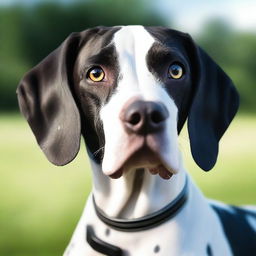 A high-quality, cinematic image of a cute young English Pointer dog, showcasing its black and white coat, in a realistic style