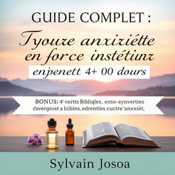 A thoughtful eBook cover design for 'Guide complet : Transformez votre anxiété en force intérieur pendant 40 jours' featuring a serene background of a tranquil landscape with soft hills and a calm lake at sunset