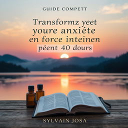 A thoughtful eBook cover design for 'Guide complet : Transformez votre anxiété en force intérieur pendant 40 jours' featuring a serene background of a tranquil landscape with soft hills and a calm lake at sunset