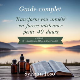 A thoughtful eBook cover design for 'Guide complet : Transformez votre anxiété en force intérieur pendant 40 jours' featuring a serene background of a tranquil landscape with soft hills and a calm lake at sunset