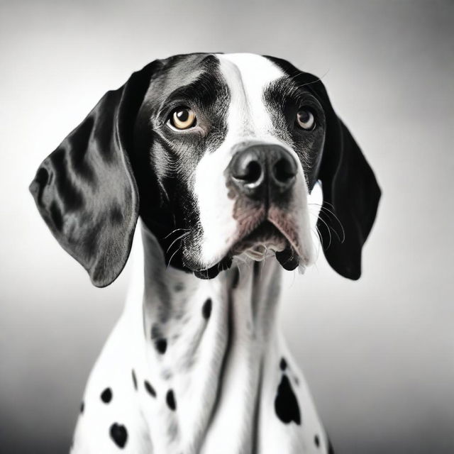 A high-quality, cinematic image of a cute young English Pointer dog, showcasing its black and white coat, in a realistic style