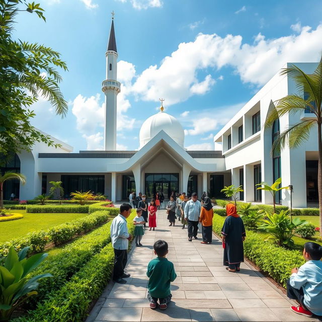 A modern mosque in Balikpapan designed for Al-Qur'an and Al-Hadith education, showcasing contemporary architectural elements