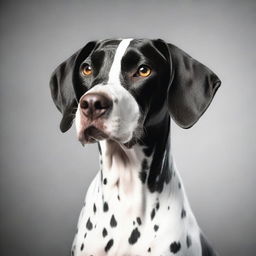 A high-quality, cinematic image of a cute young English Pointer dog, showcasing its black and white coat, in a realistic style