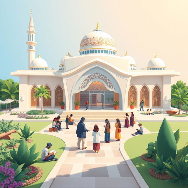 A 2D illustration of a modern mosque designed for Al-Qur'an and Al-Hadith education