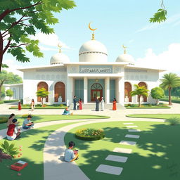 A 2D illustration of a modern mosque designed for Al-Qur'an and Al-Hadith education