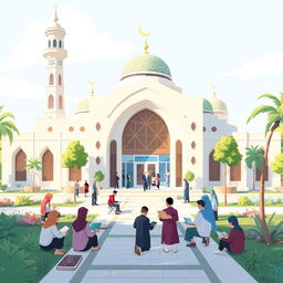 A 2D illustration of a modern mosque designed for Al-Qur'an and Al-Hadith education