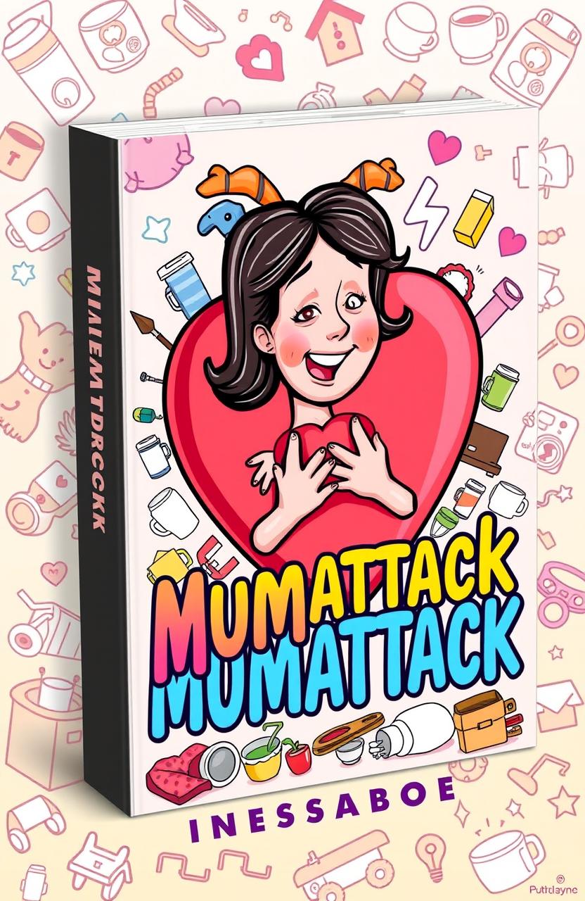 A captivating and colorful ebook cover design for 'Mumattack', featuring an illustrated heart with a cartoonish mom character experiencing a humorous, exaggerated little heart attack