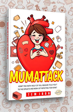A captivating and colorful ebook cover design for 'Mumattack', featuring an illustrated heart with a cartoonish mom character experiencing a humorous, exaggerated little heart attack