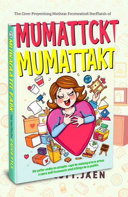A captivating and colorful ebook cover design for 'Mumattack', featuring an illustrated heart with a cartoonish mom character experiencing a humorous, exaggerated little heart attack