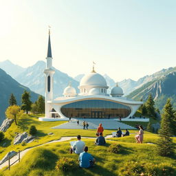 A 2D illustration of a modern mosque situated on a scenic mountain, designed for Al-Qur'an and Al-Hadith education