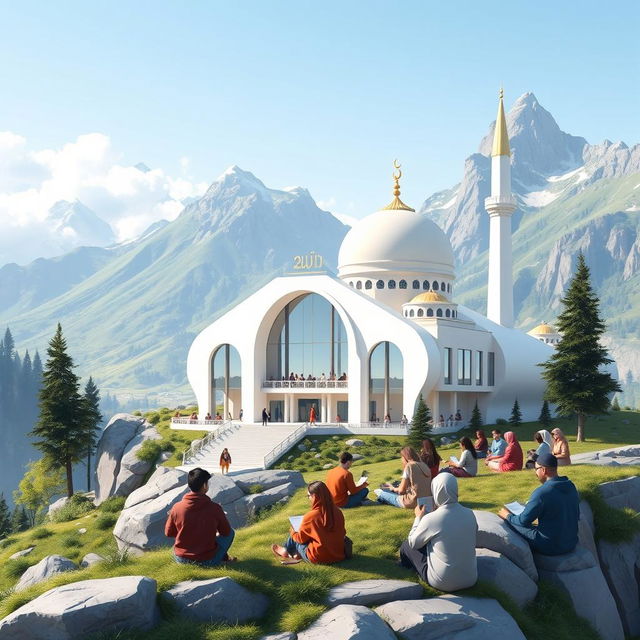 A 2D illustration of a modern mosque situated on a scenic mountain, designed for Al-Qur'an and Al-Hadith education