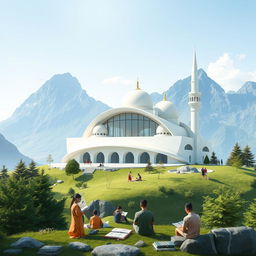 A 2D illustration of a modern mosque situated on a scenic mountain, designed for Al-Qur'an and Al-Hadith education