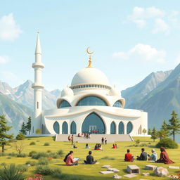 A 2D illustration of a modern mosque situated on a scenic mountain, designed for Al-Qur'an and Al-Hadith education