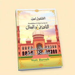 A vibrant and colorful 2D cover design for an educational book featuring the Quran and Hadith, incorporating an artistic rendition of a mosque named 'Wali Barokah'