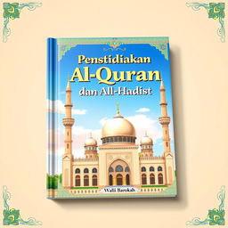 A vibrant and colorful 2D cover design for an educational book featuring the Quran and Hadith, incorporating an artistic rendition of a mosque named 'Wali Barokah'
