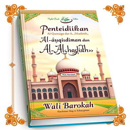 A vibrant and colorful 2D cover design for an educational book featuring the Quran and Hadith, incorporating an artistic rendition of a mosque named 'Wali Barokah'