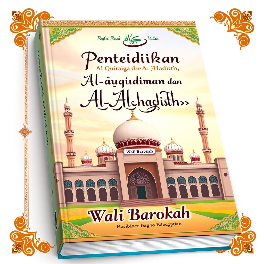 A vibrant and colorful 2D cover design for an educational book featuring the Quran and Hadith, incorporating an artistic rendition of a mosque named 'Wali Barokah'