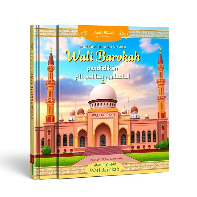 A vibrant and colorful 2D cover design for an educational book featuring the Quran and Hadith, incorporating an artistic rendition of a mosque named 'Wali Barokah'