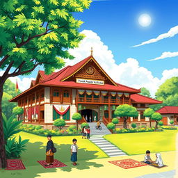 A detailed and vibrant illustration of Pondok Pesantren Wali Barokah in Kediri, showcasing its beautiful architecture with traditional Indonesian design elements