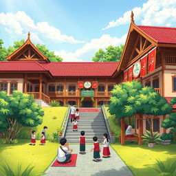 A detailed and vibrant illustration of Pondok Pesantren Wali Barokah in Kediri, showcasing its beautiful architecture with traditional Indonesian design elements