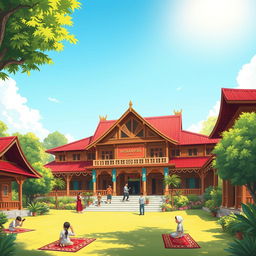 A detailed and vibrant illustration of Pondok Pesantren Wali Barokah in Kediri, showcasing its beautiful architecture with traditional Indonesian design elements