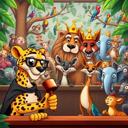 A vibrant and whimsical jungle courtroom scene full of colorful cartoon animals