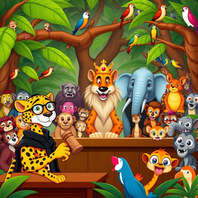 A vibrant and whimsical jungle courtroom scene full of colorful cartoon animals