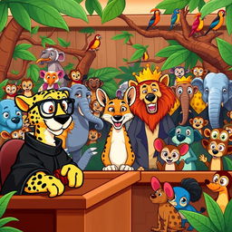A vibrant and whimsical jungle courtroom scene full of colorful cartoon animals