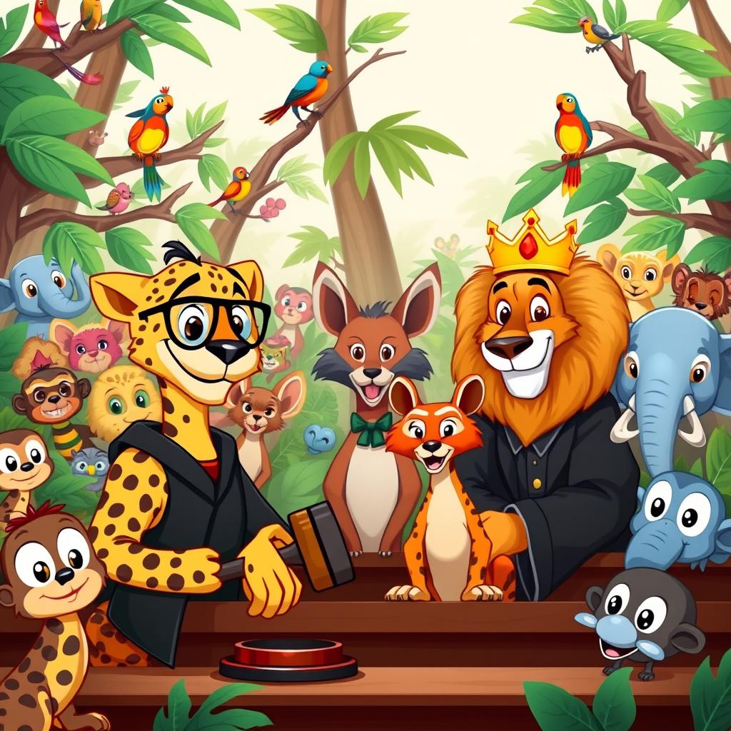 A vibrant and whimsical jungle courtroom scene full of colorful cartoon animals