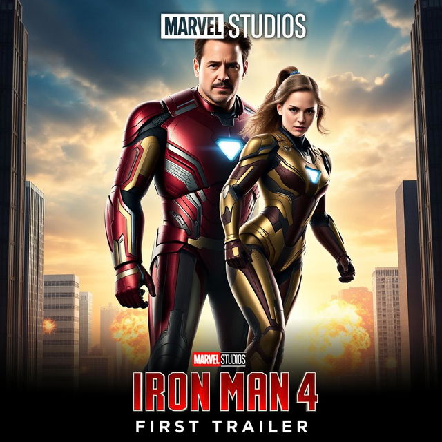 A thrilling teaser poster for 'Iron Man 4 (2025)' showcasing Robert Downey Jr