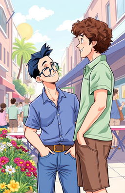 An illustration depicting two men engaged in a friendly conversation in a vibrant urban setting