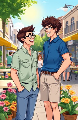 An illustration depicting two men engaged in a friendly conversation in a vibrant urban setting